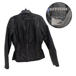 IB Diffusion Women’s L Black Faux Leather Jacket Ruched Waist Moto Biker Stylish